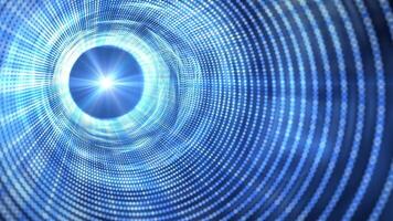 Digital futuristic tunnel or travel through time and space at high speed by moving bright neon lines of particles and bright dots. video
