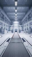 3d rendering interior white and clean empty futuristic factory with conveyor belt photo