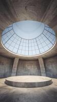 Empty room with a circular window and a stage photo