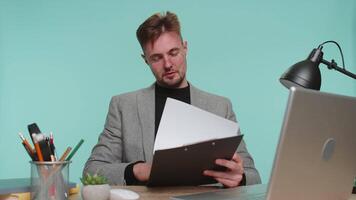Entrepreneur man show business plan, discussing interview with colleague remotely videocall meeting video