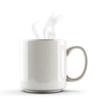 A steaming white coffee mug with a simple, modern design, perfect for a cozy drink. photo