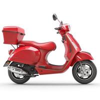 A vibrant red scooter with a delivery box, showcasing modern design and urban mobility. photo