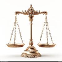 An elegant golden balance scale symbolizing justice and fairness. photo