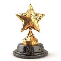 A gleaming golden star trophy on a sleek black pedestal, symbolizing achievement and excellence. photo