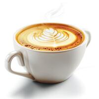 A beautifully crafted cup of coffee with latte art, showcasing intricate leaf designs, exuding warmth and comfort. photo