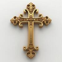 Intricate golden cross design with ornate detailing against a clean white background. photo