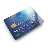 Close-up of a modern credit card with a sleek design and embedded chip, showcasing a vibrant blue color scheme. photo