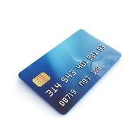 A close-up view of a blue credit card with a chip, showcasing smooth curves and a modern design. photo