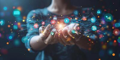 A person with a blurred figure holds a digital network of icons representing technology and communication, symbolizing innovation and connectivity. photo