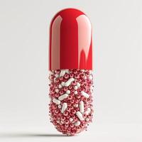 A large red capsule filled with smaller white capsules and pink spheres on a plain background, symbolizing medicine and health. photo