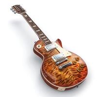 An intricately designed electric guitar with a stunning quilted maple top, showcasing rich amber and brown tones. photo