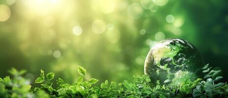 A vibrant green landscape featuring a globe surrounded by lush foliage, symbolizing environmental awareness and nature's beauty. photo