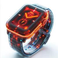 A futuristic digital smartwatch with a glowing red display and holographic design features. photo