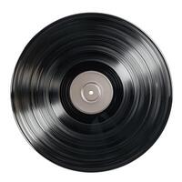 A classic black vinyl record viewed from above, showcasing its smooth surface and grooves. photo