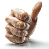 A close-up of a realistic, detailed hand giving a thumbs-up gesture against a clean white background. photo