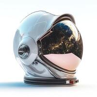 A futuristic silver astronaut helmet reflecting Earth from space, showcasing its intricate design and advanced technology. photo