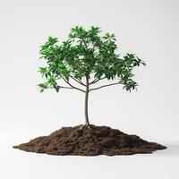 A vibrant green tree standing on a mound of rich, dark soil, symbolizing growth and vitality. photo