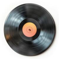 A classic black vinyl record with a vibrant orange center, capturing the nostalgic essence of music. photo
