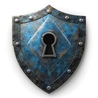 A close-up of a vintage blue shield with a keyhole, symbolizing security and protection. photo