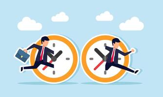 Businessman passes through a time portal inside a clock, illustration of strong multitasking ability and efficient time management vector