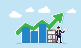 Businessman stands beside a calculator and a rising chart, illustration of accurate risk calculation analysis improving business performance and profit vector