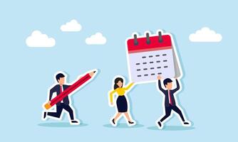 Businessman and businesswoman run carrying a calendar, while another businessman chases them with a pencil, illustration of managing and planning schedules vector