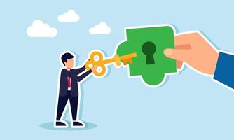 A businessman holds a key intending to insert it into a hole in a puzzle held by a hand, illustration of a solution to business problems vector