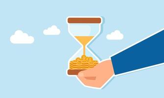 A hand holds an hourglass producing dollar coins, illustration of time is money and the importance of time management vector