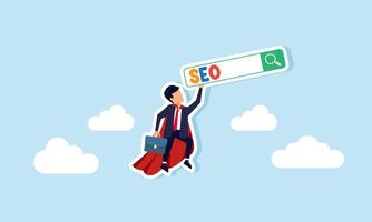 Super businessman lifts a search engine labeled SEO, soaring through the sky, illustration of digital marketing skills in analyzing SEO to boost business sales effectively vector