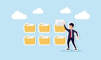 Businessman takes a document from a folder, illustration of being organized in company file documentation and archiving vector