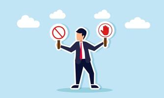A businessman holds a signboard labeled with a prohibition sign and a hand symbol meaning stop, illustration of a warning or restriction against prohibited and illegal actions vector