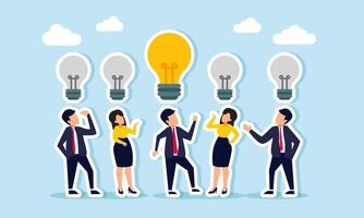 Businesspeople are talking under broken lamps, but one lit lamp shines above, illustration of one idea among many that is more relevant and better to implement vector