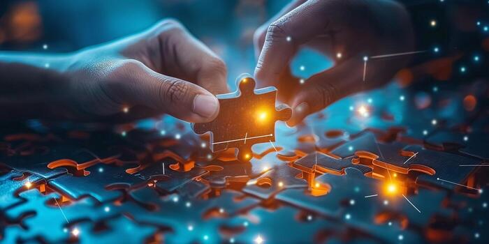 Close-up of hands assembling a puzzle piece in a dimly lit room, creating a sense of mystery and focus. photo