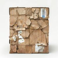 A weathered cardboard box showcasing a patchwork of peeling labels and textures, emphasizing age and wear. photo