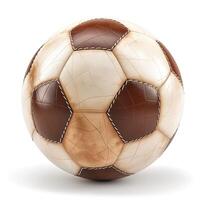 A classic brown and white soccer ball with visible stitching, showcasing its textured surface in a bright setting. photo