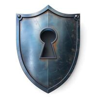 A metallic shield with a keyhole, symbolizing security and protection. photo