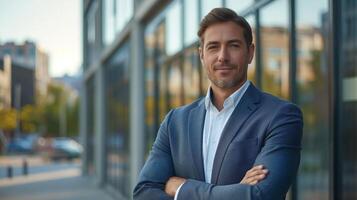 Confident Caucasian man in a blue suit smiles against a modern urban backdrop. photo