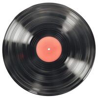 Vintage vinyl record against a white background, showcasing a classic black disc with a red label in the center. photo