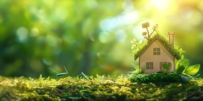A whimsical miniature house with a green roof, surrounded by lush greenery, symbolizes eco-friendly living and nature's harmony. photo