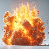 A dramatic explosion captured in vibrant orange and yellow hues, showcasing a powerful burst of energy and debris. photo
