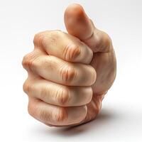A realistic human hand, Caucasian male, giving a thumbs-up gesture against a plain background. photo