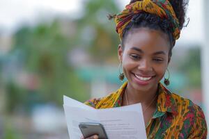 A smiling young Black woman joyfully reading documents while holding a smartphone, dressed in a vibrant, patterned shirt. photo