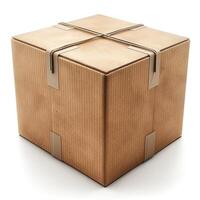 A cardboard box secured with rubber bands, ready for shipment. photo