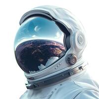 An astronaut in a sleek, white suit gazes into the universe, with a reflection of Earth visible in the helmet's visor. photo