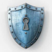 A metallic blue shield featuring a keyhole design, symbolizing protection and security. photo