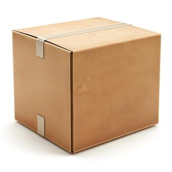 A plain, sealed cardboard box designed for shipping, featuring reinforced corners and a smooth brown surface. photo