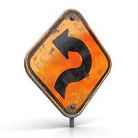 A weathered, rusted U-turn road sign against a white background. photo