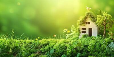 A charming miniature house adorned with greenery, set against a vibrant green backdrop, embodying the essence of harmony with nature. photo