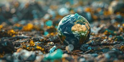 A globe resting on littered ground, symbolizing environmental issues and the need for sustainability. photo