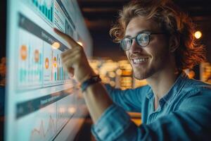 Young Caucasian male analyst smiling while interacting with data visualizations on a large touchscreen display. photo